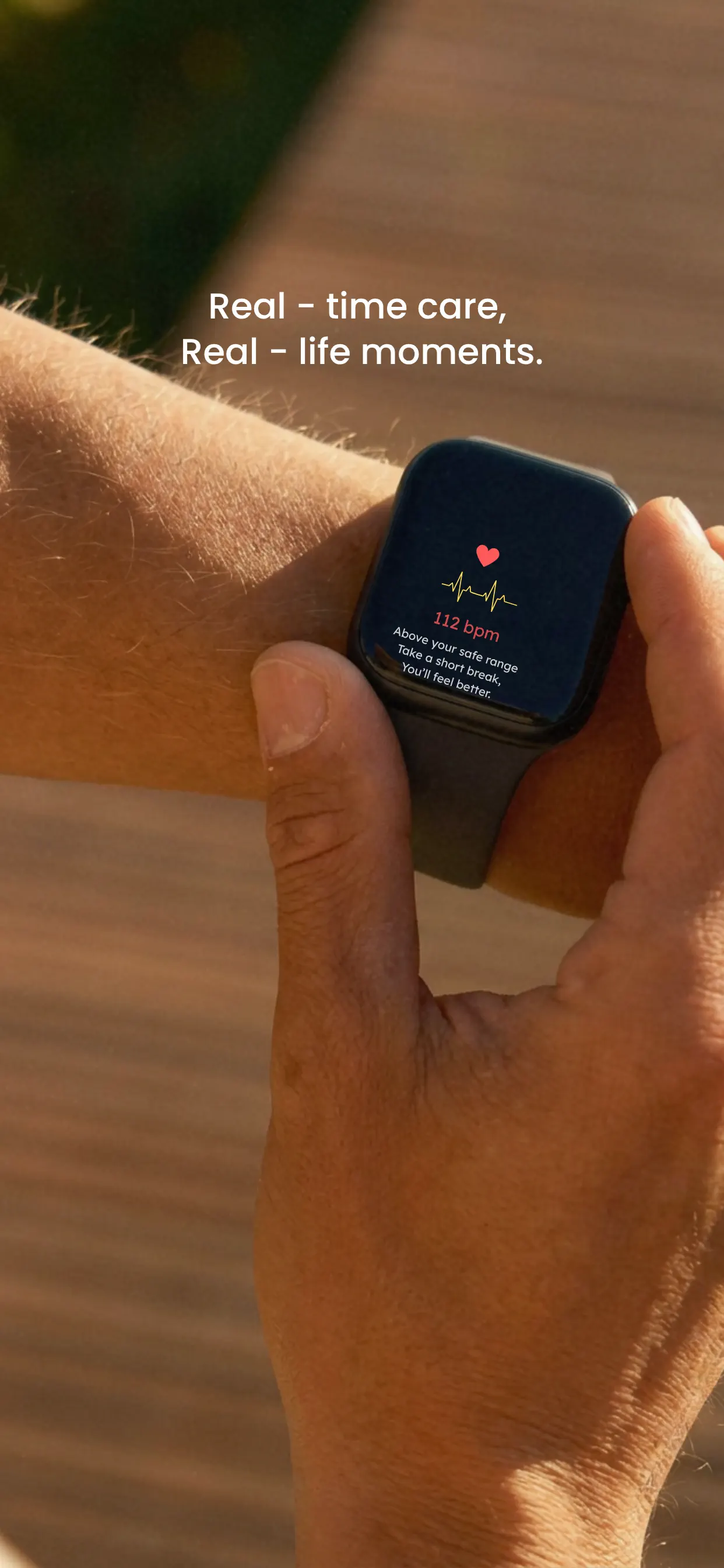 Yantir smartwatch alert showing a heart rate above the safe range with guidance.